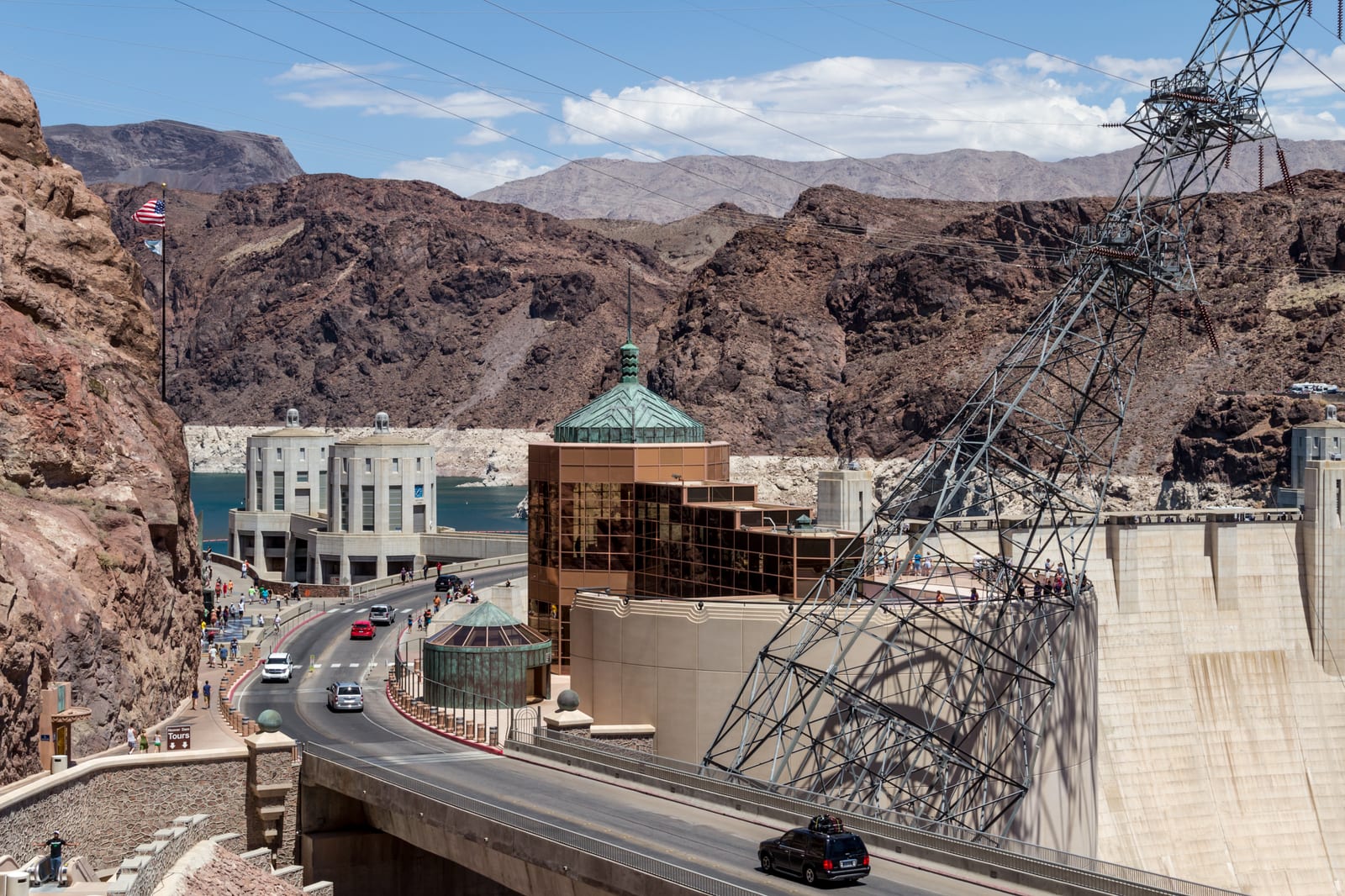 Hoover Dam, its intake towers, and Lake Mead seen from the visitor approach on the Nevada-Arizona border