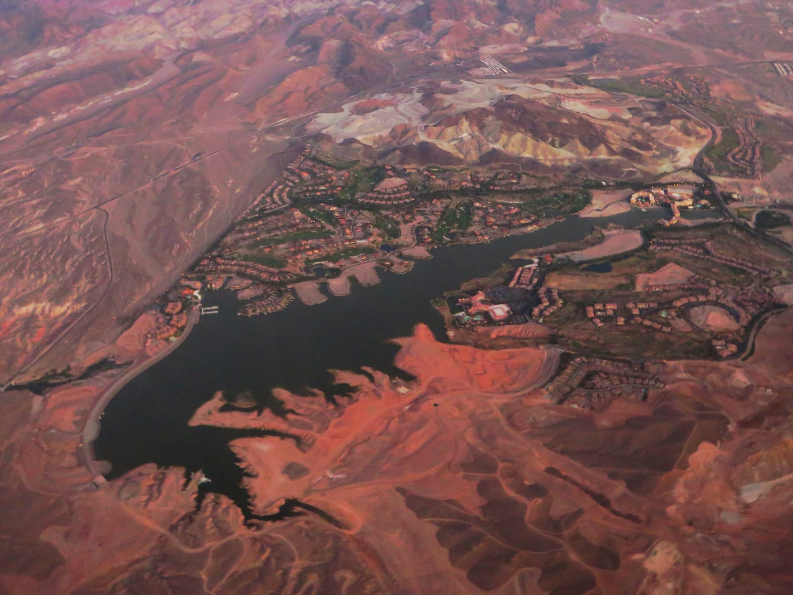 Aerial view of Lake Las Vegas and surrounding resort development in the desert at Henderson, Nevada